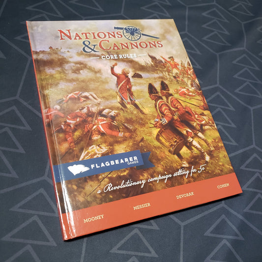 Image shows the front cover of the core rulebook for the roleplaying game Nations & Cannons