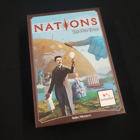 Image shows the front cover of the box of Nations: The Dice Game