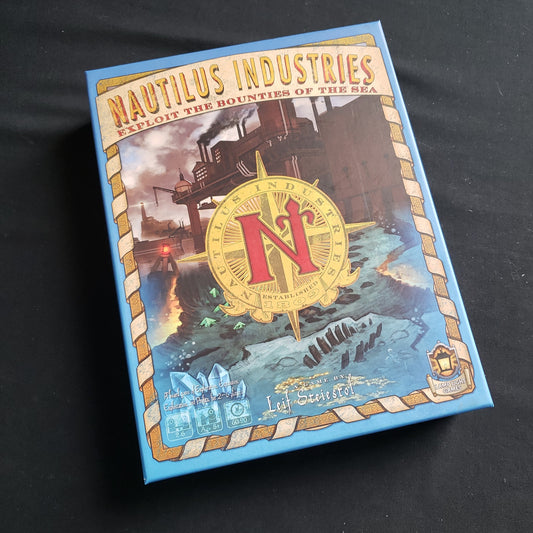 Image shows the front cover of the box of the Nautilus Industries board game