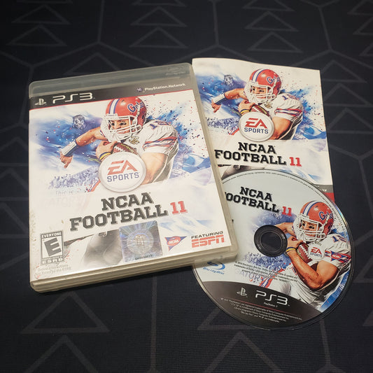Image shows the case, manual and disc for the video game NCAA Football 11 for Playstation 3