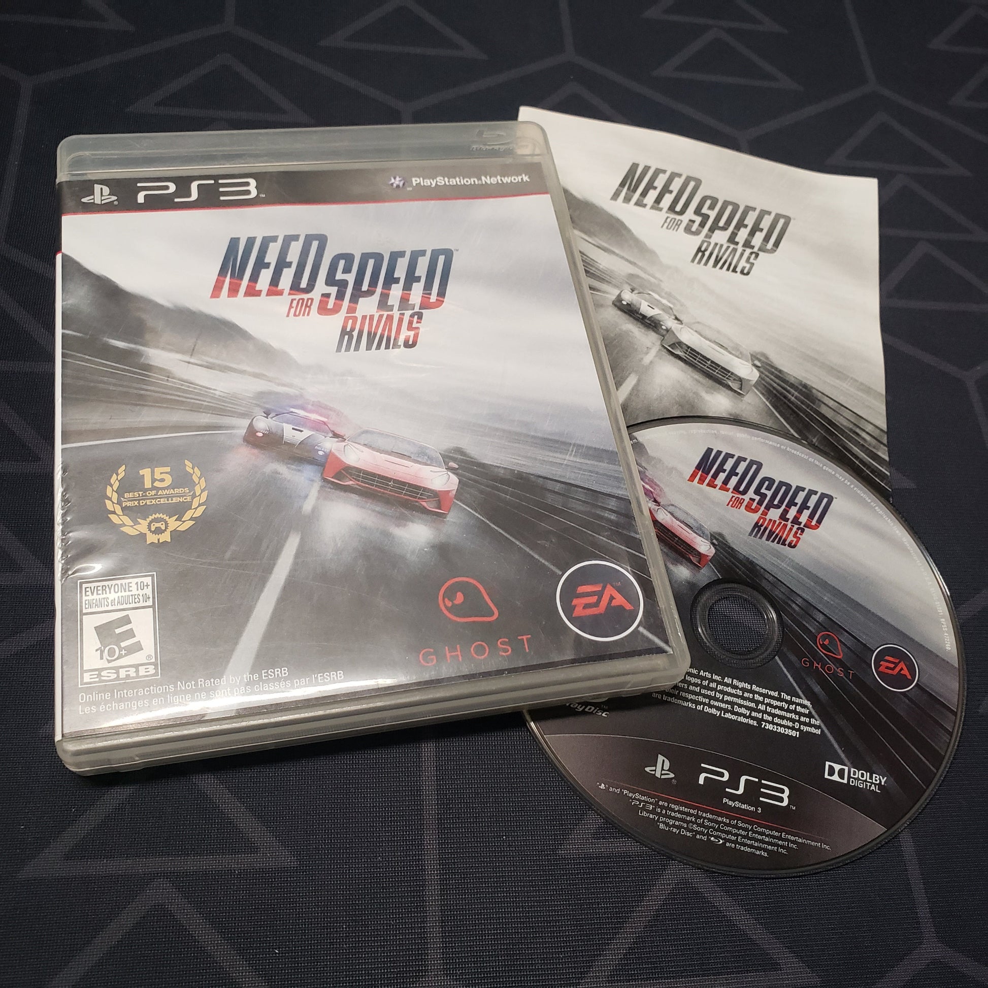 Image shows the case, manual and disc for the video game Need For Speed: Rivals for Playstation 3