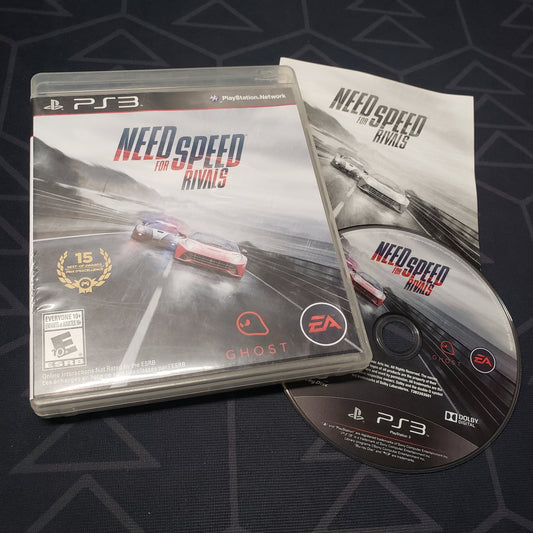 Image shows the case, manual and disc for the video game Need For Speed: Rivals for Playstation 3