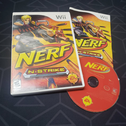 Image shows the case, manual and disc for the video game NERF N-Strike for Nintendo Wii