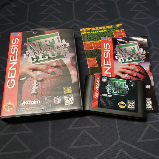 Image shows the case, manual, poster and cartridge for the video game NFL Quarterback Club for Sega Genesis