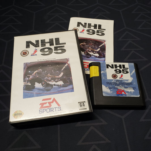 Image shows the case, manual and cartridge for the video game NHL 95 for Sega Genesis
