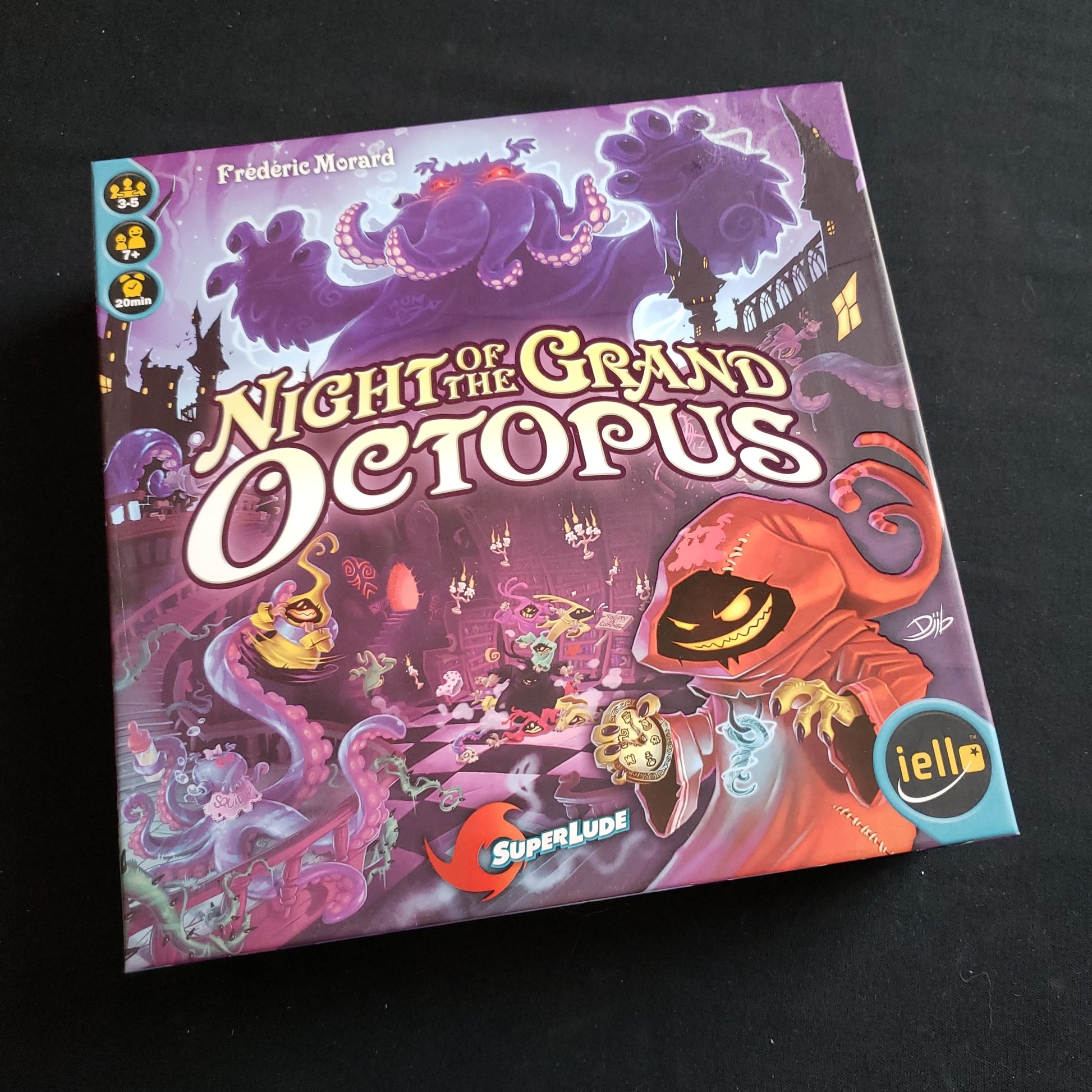 Image shows the front cover of the box of the Night of the Grand Octopus board game