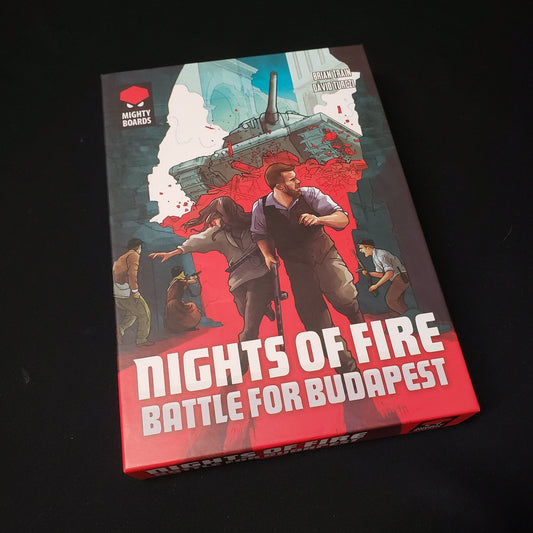 Image shows the front cover of the box of the board game Nights of Fire: Battle for Budapest