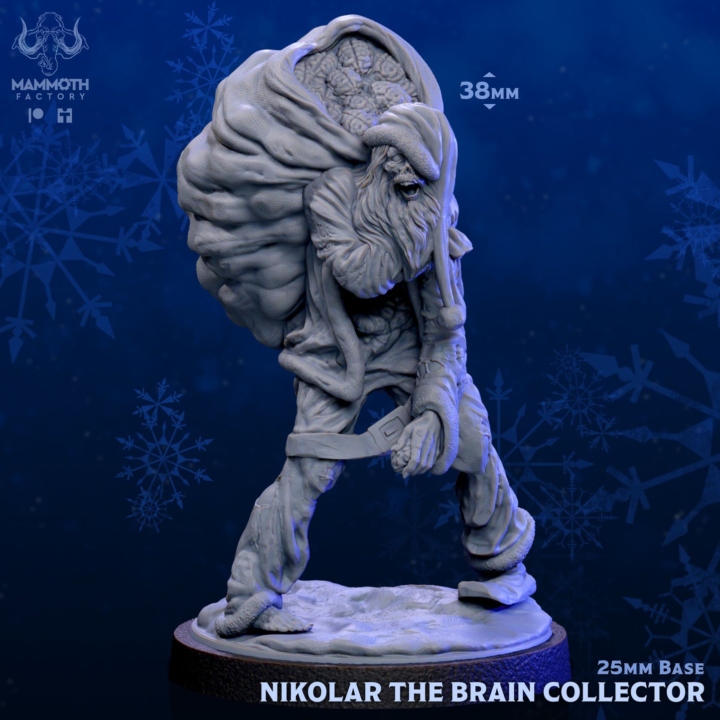 Image shows a 3D render of a zombie Santa gaming miniature carrying a toy bag full of brains