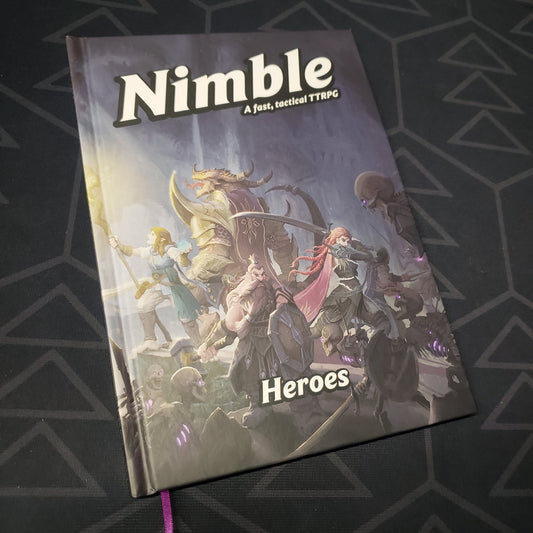 Image shows the front cover of the Heroes book for the roleplaying game Nimble
