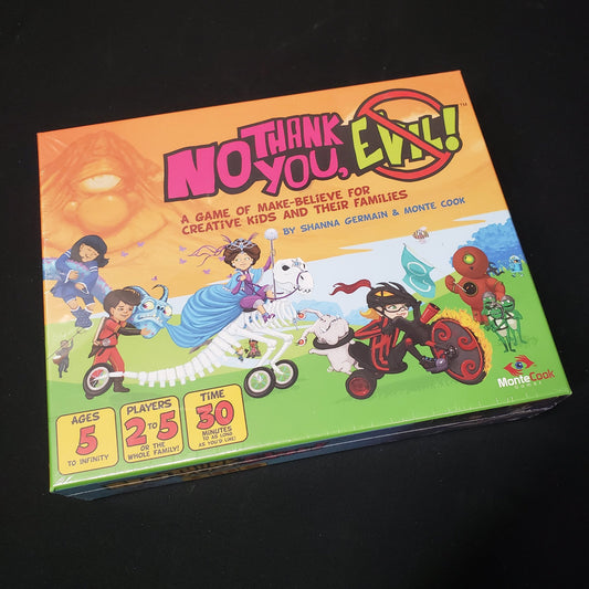 Image shows the front cover of the box of the No Thank You, Evil! family roleplaying game