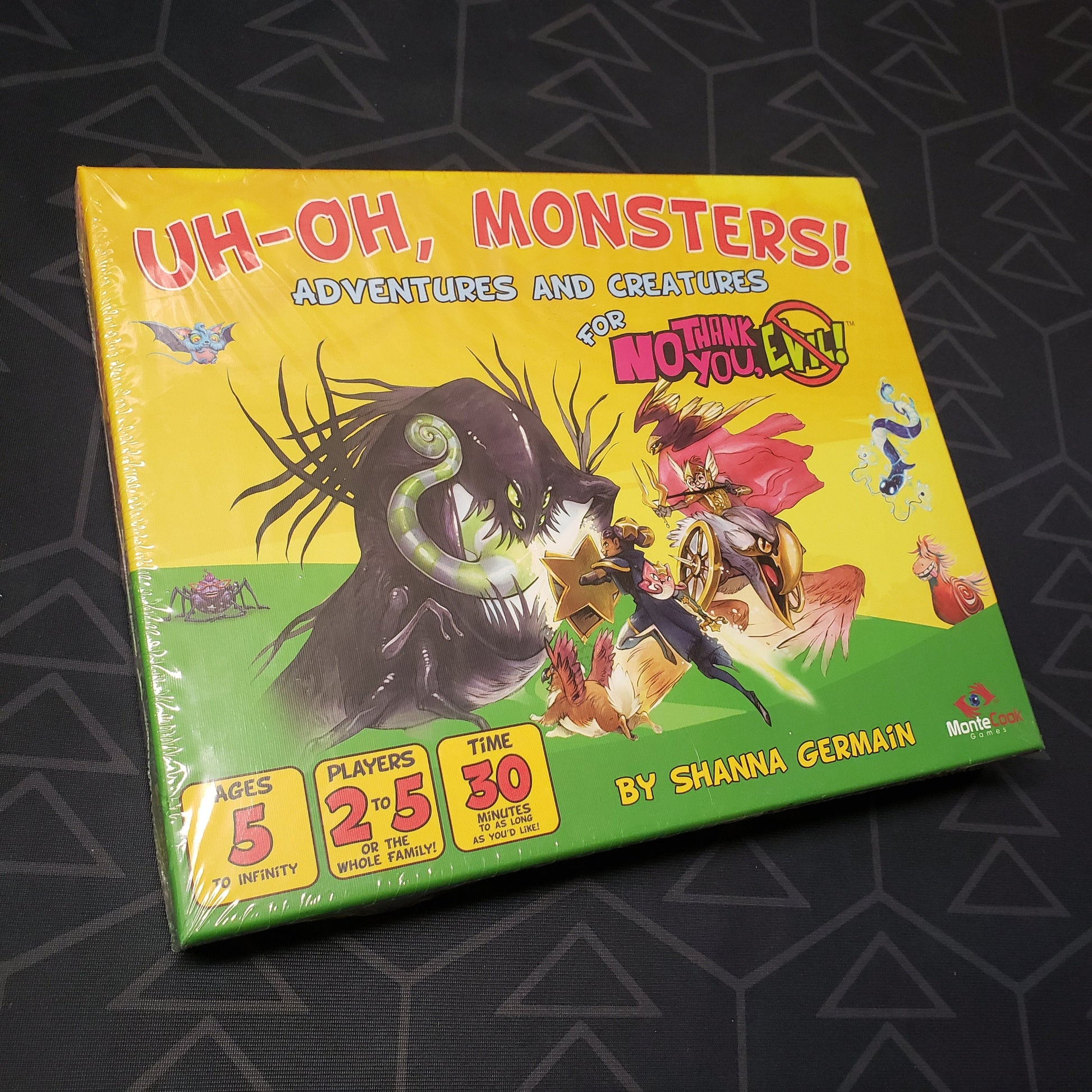 Image shows the front cover of the Uh-Oh, Monsters! expansion set for the roleplaying game No Thank You, Evil!