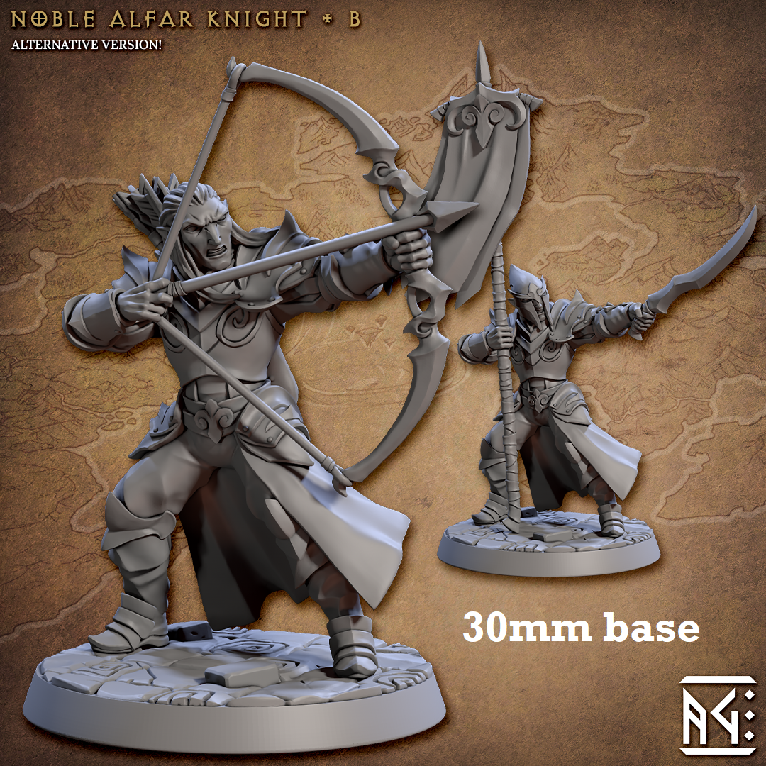 Image shows 3D renders of two different sculpt options for a high elf knight gaming miniature
