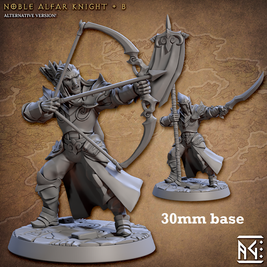 Image shows 3D renders of two different sculpt options for a high elf knight gaming miniature