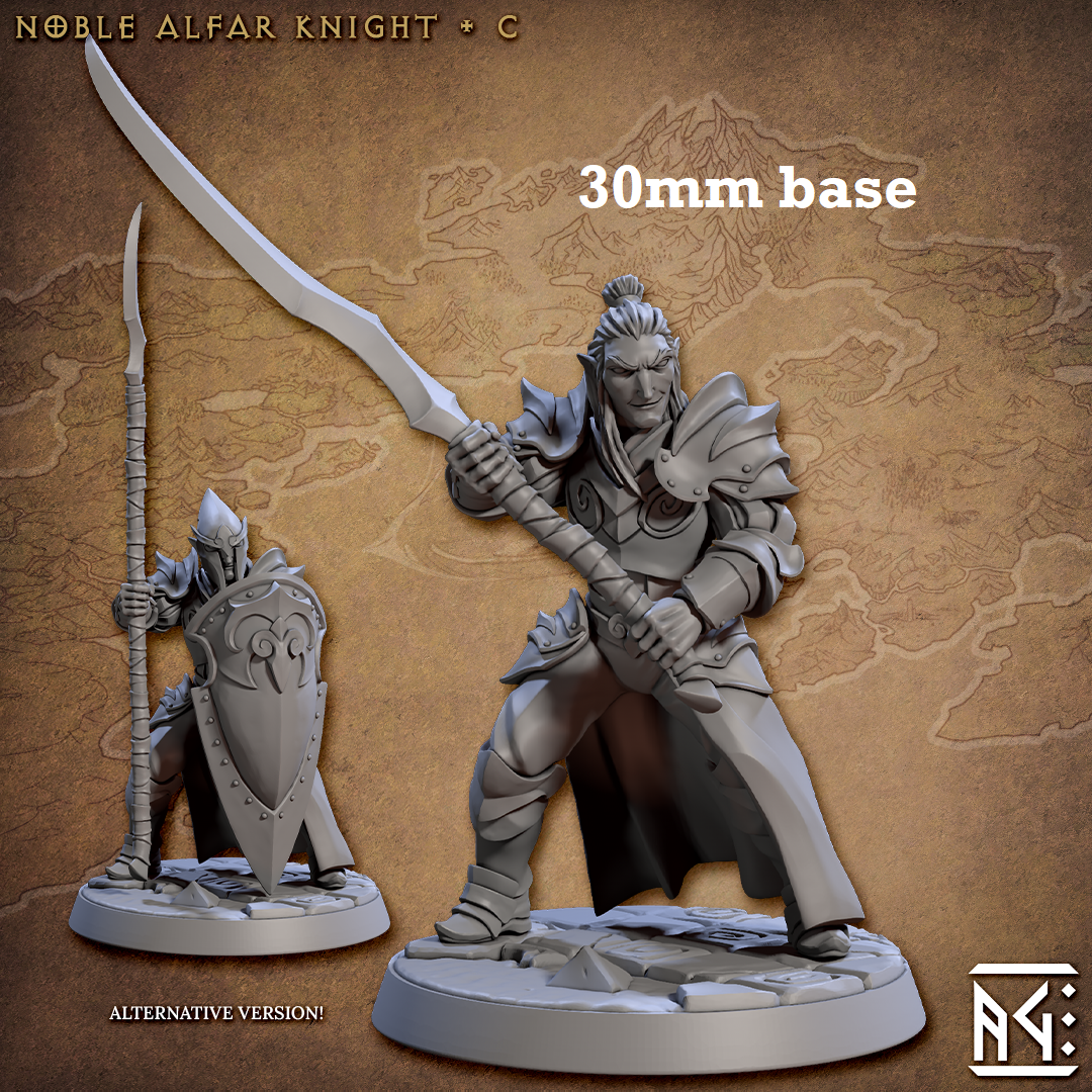Image shows 3D renders of two different sculpt options for a high elf knight gaming miniature