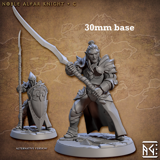 Image shows 3D renders of two different sculpt options for a high elf knight gaming miniature