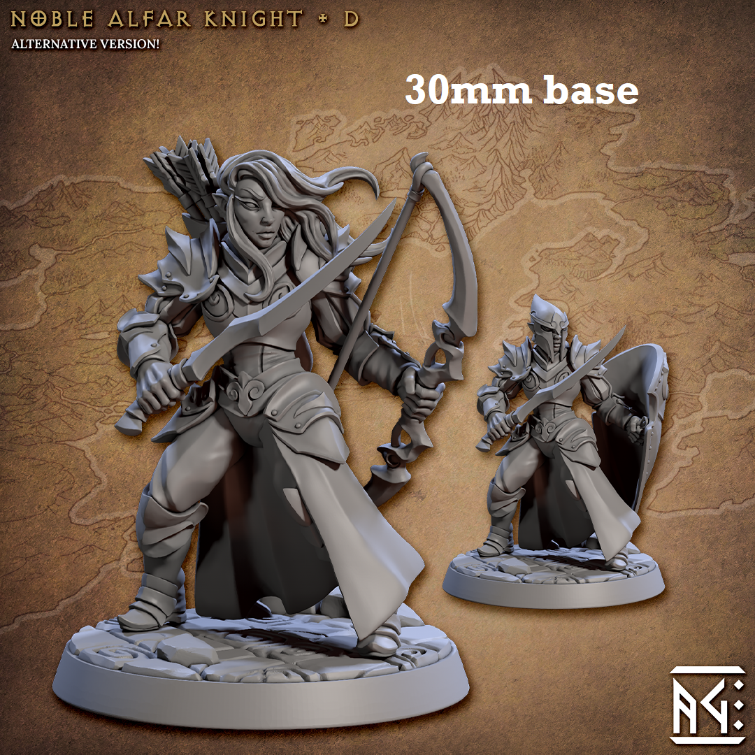 Image shows 3D renders of two different sculpt options for a high elf knight gaming miniature
