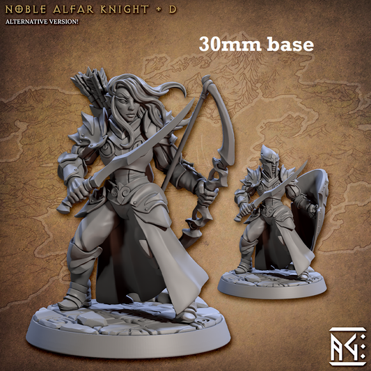Image shows 3D renders of two different sculpt options for a high elf knight gaming miniature