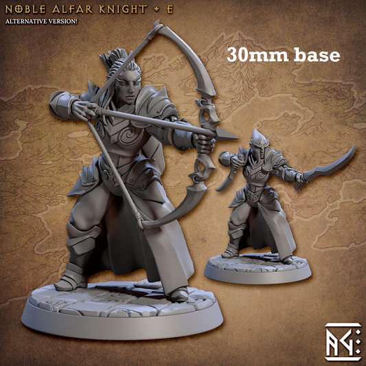 Image shows 3D renders of two different sculpt options for a high elf knight gaming miniature