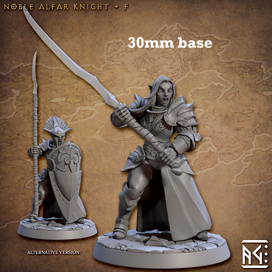 Image shows 3D renders of two different sculpt options for a high elf knight gaming miniature