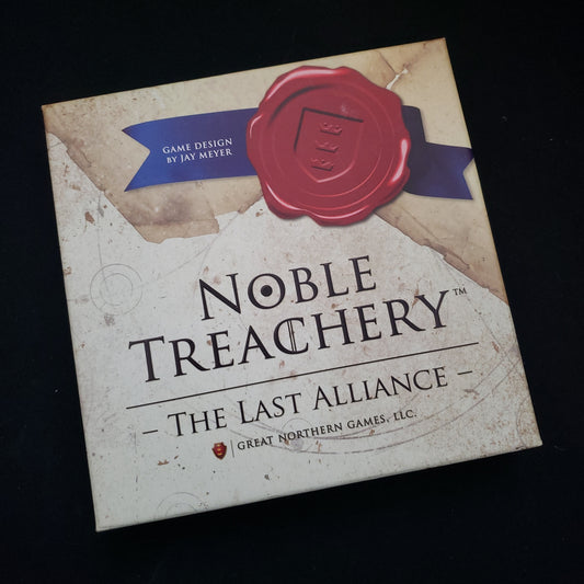 Image shows the front cover of the box of the Noble Treachery: The Last Alliance card game