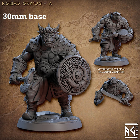 Image shows 3D renders of three sculpt options for a orc barbarian gaming miniature.