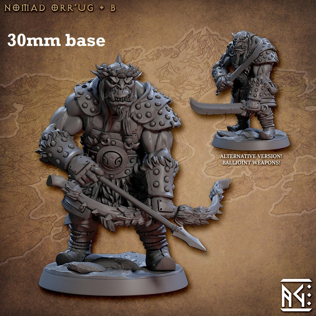 Image shows 3D renders of two sculpt options for a orc panger gaming miniature.