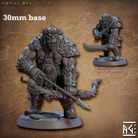 Image shows 3D renders of two sculpt options for a orc panger gaming miniature.