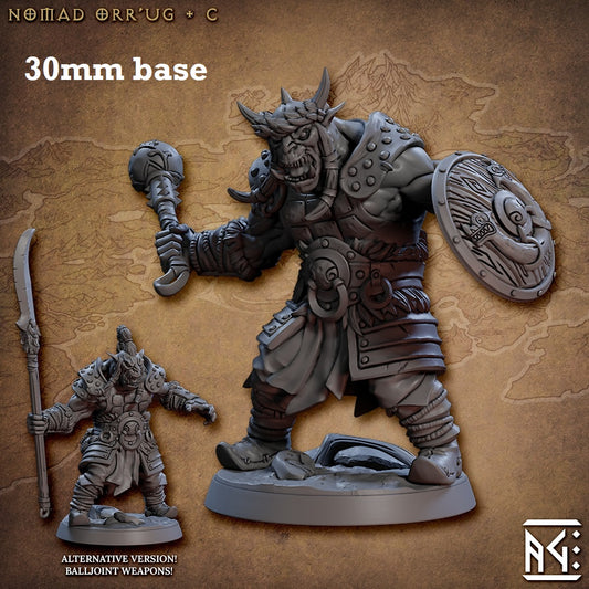 Image shows 3D renders of two sculpt options for a orc barbarian gaming miniature.