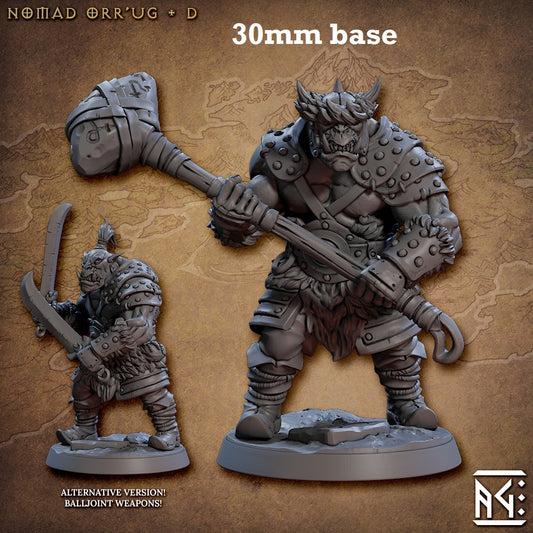 Image shows 3D renders of two sculpt options for a orc barbarian gaming miniature.