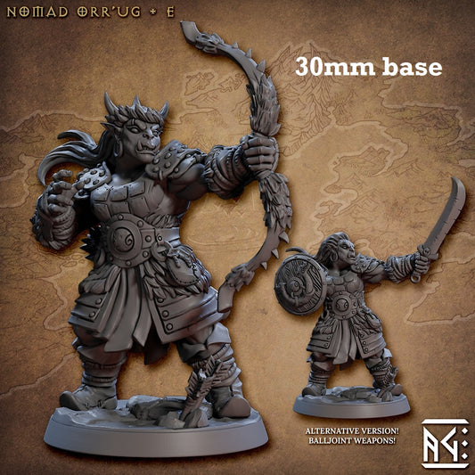 Image shows 3D renders of two sculpt options for a orc ranger gaming miniature.