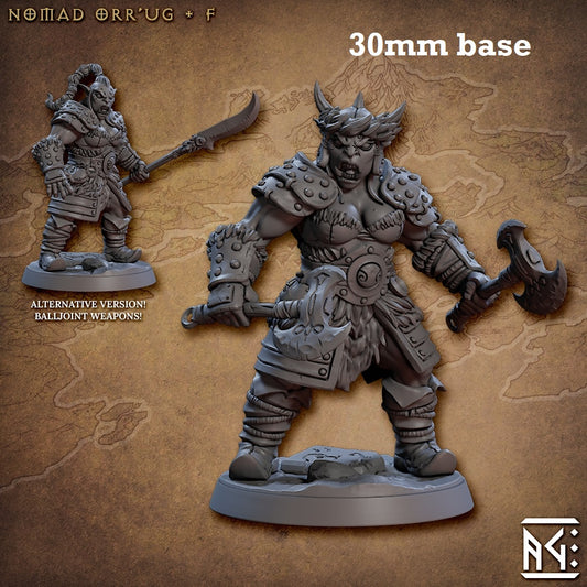Image shows 3D renders of two sculpt options for a orc barbarian gaming miniature.