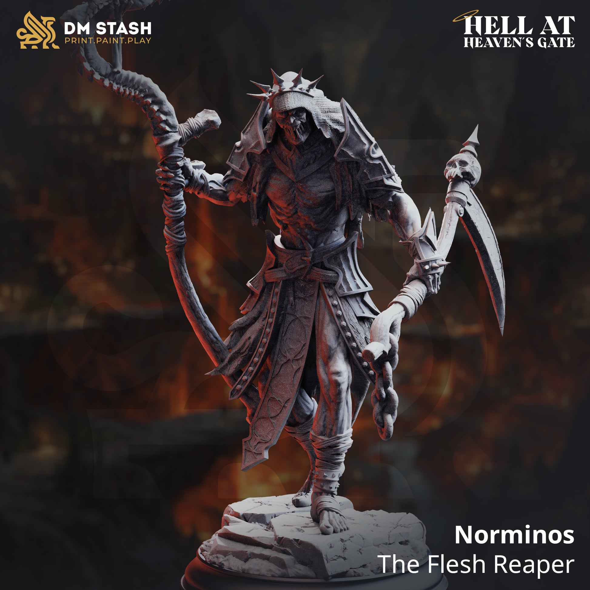 Image shows a 3D render of a undead grim reaper gaming miniature.