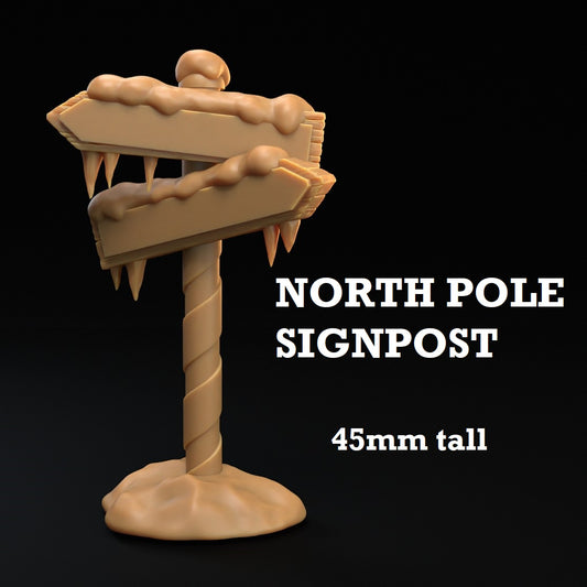 Image shows a 3D render of a snowy directional signpost gaming miniature terrain piece