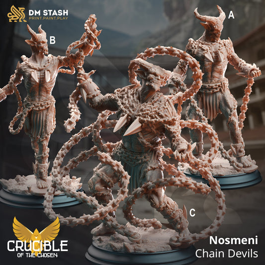 Image shows an 3D render of three different devil warriors gaming miniatures, each posed with chains differently