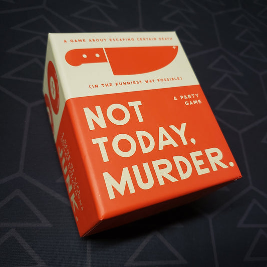 Image shows the front cover of the box for the Not Today, Murder card game