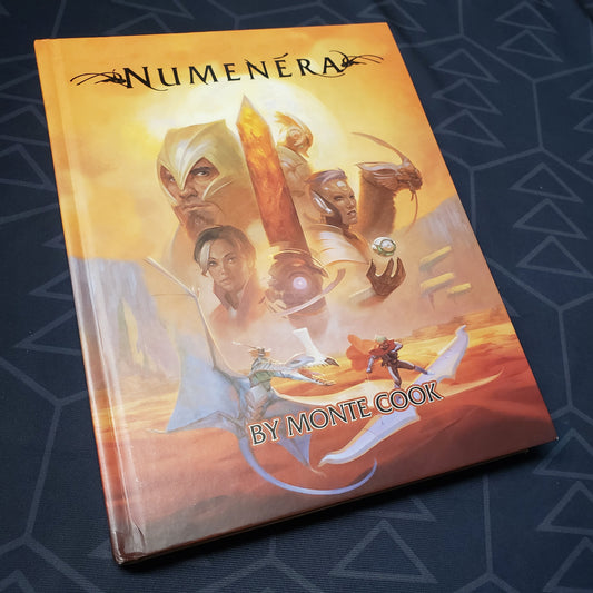 Image shows the front cover of the core rulebook for the roleplaying game Numenera