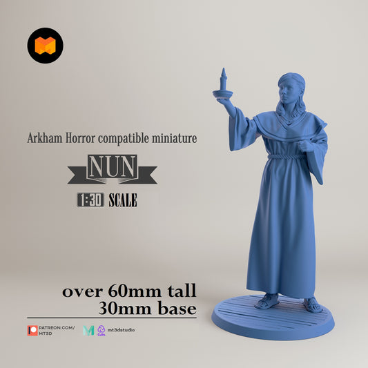Image shows a 3D render of a nun gaming miniature holding a candle