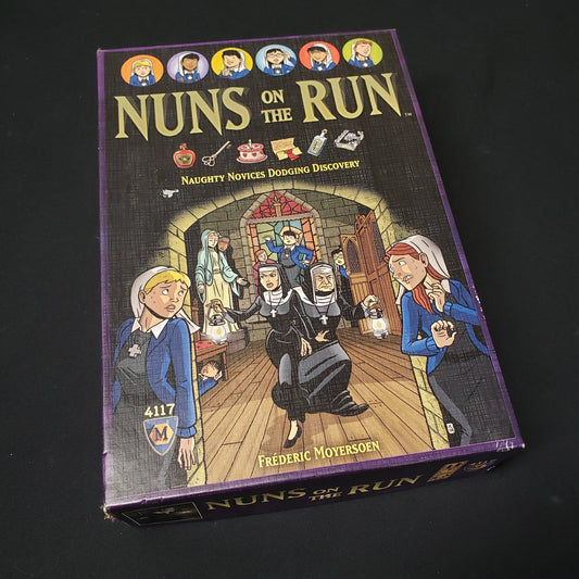 Image shows the front cover of the box of the Nuns on the Run board game