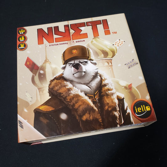 Image shows the front cover of the box of the Nyet! card game