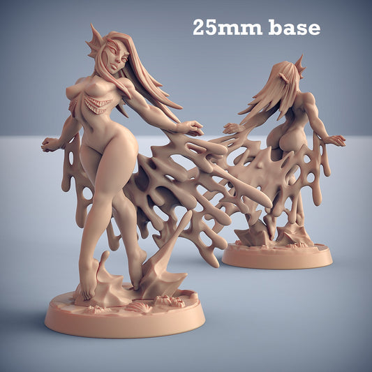 Image shows 3D renders of two different angles of a water nymph gaming miniature.
