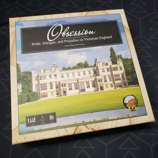 Image shows the front cover of the box for the Obsession board game