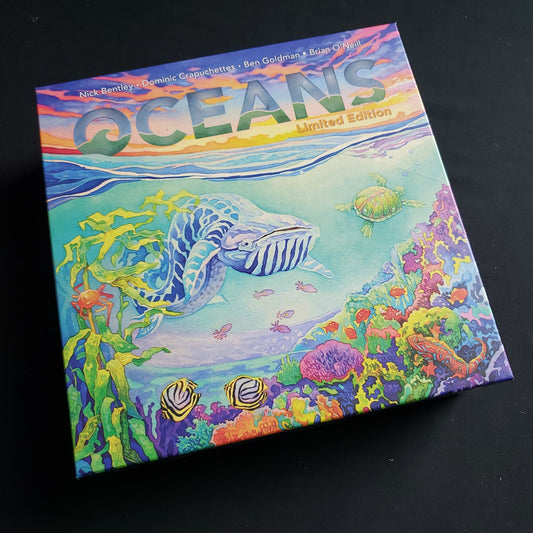 Image shows the front cover of the box of the Oceans board game