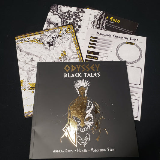 Image shows the front cover of the Odyssey: Black Tales roleplaying game book, along with various maps and character sheets