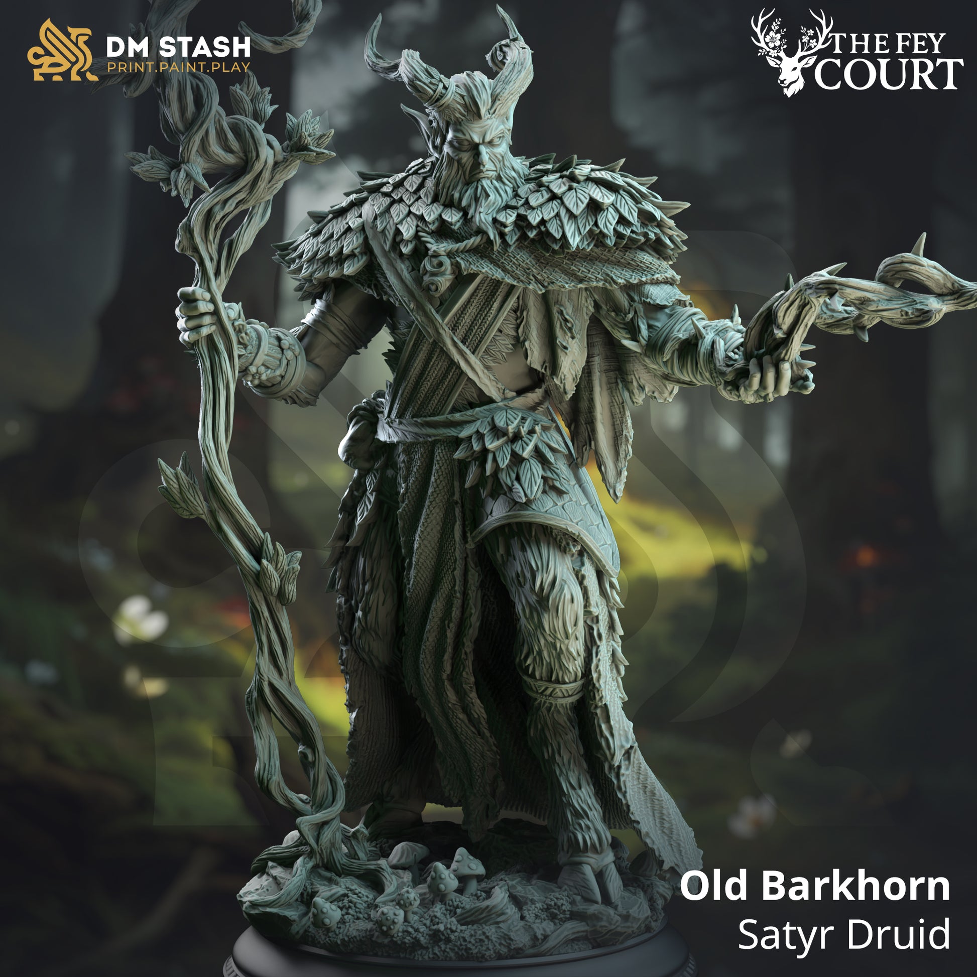 Image shows a 3D render of a satyr druid gaming miniature.