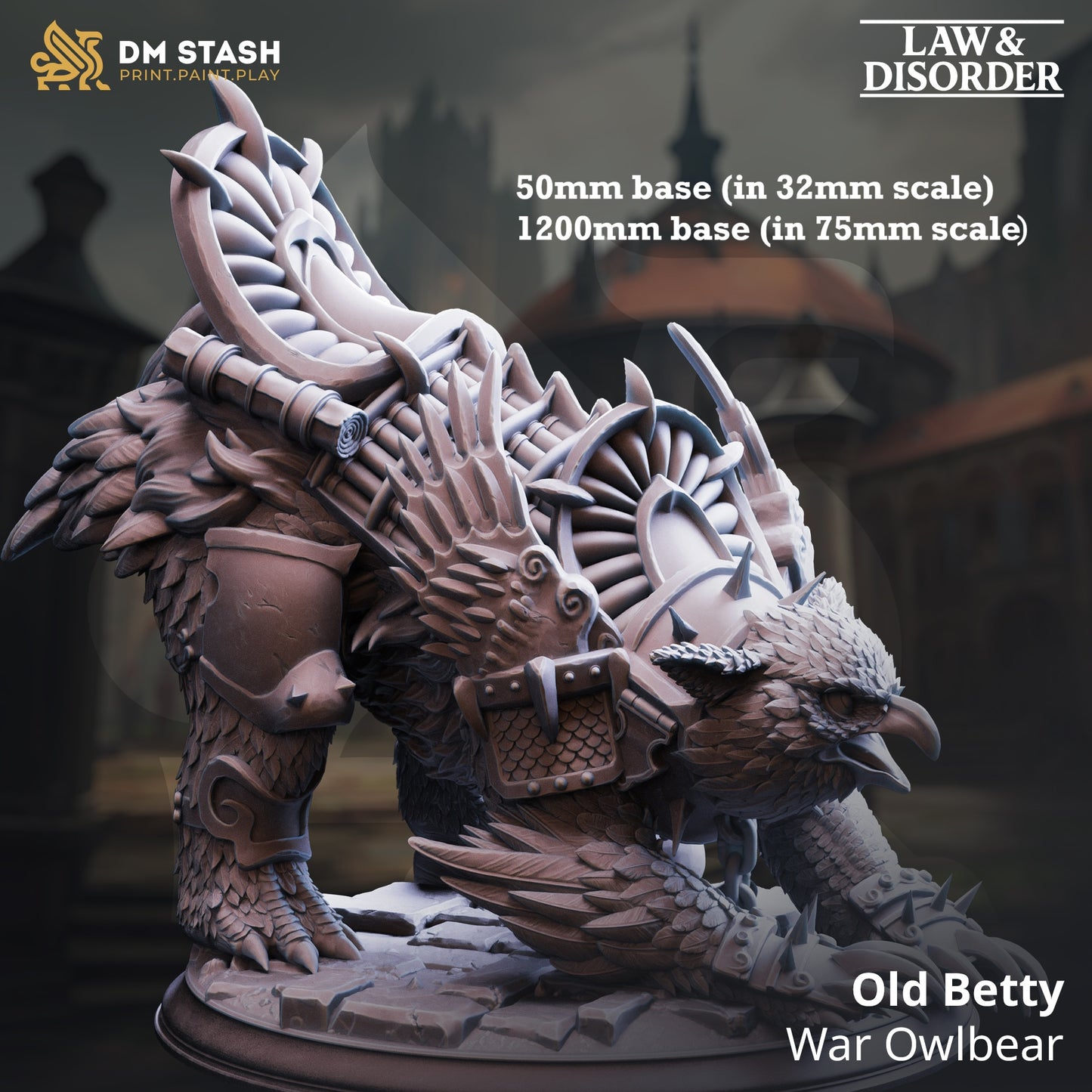 Image shows a 3D render of a armored owlbear gaming miniature.