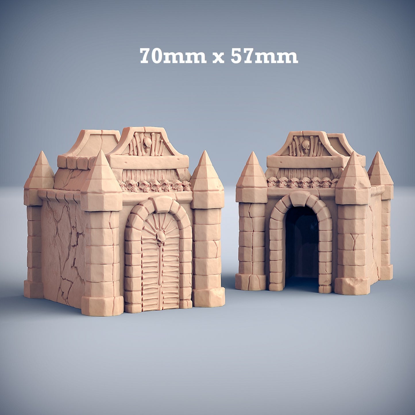 Image shows a 3D render of a mausoleum gaming miniature terrain