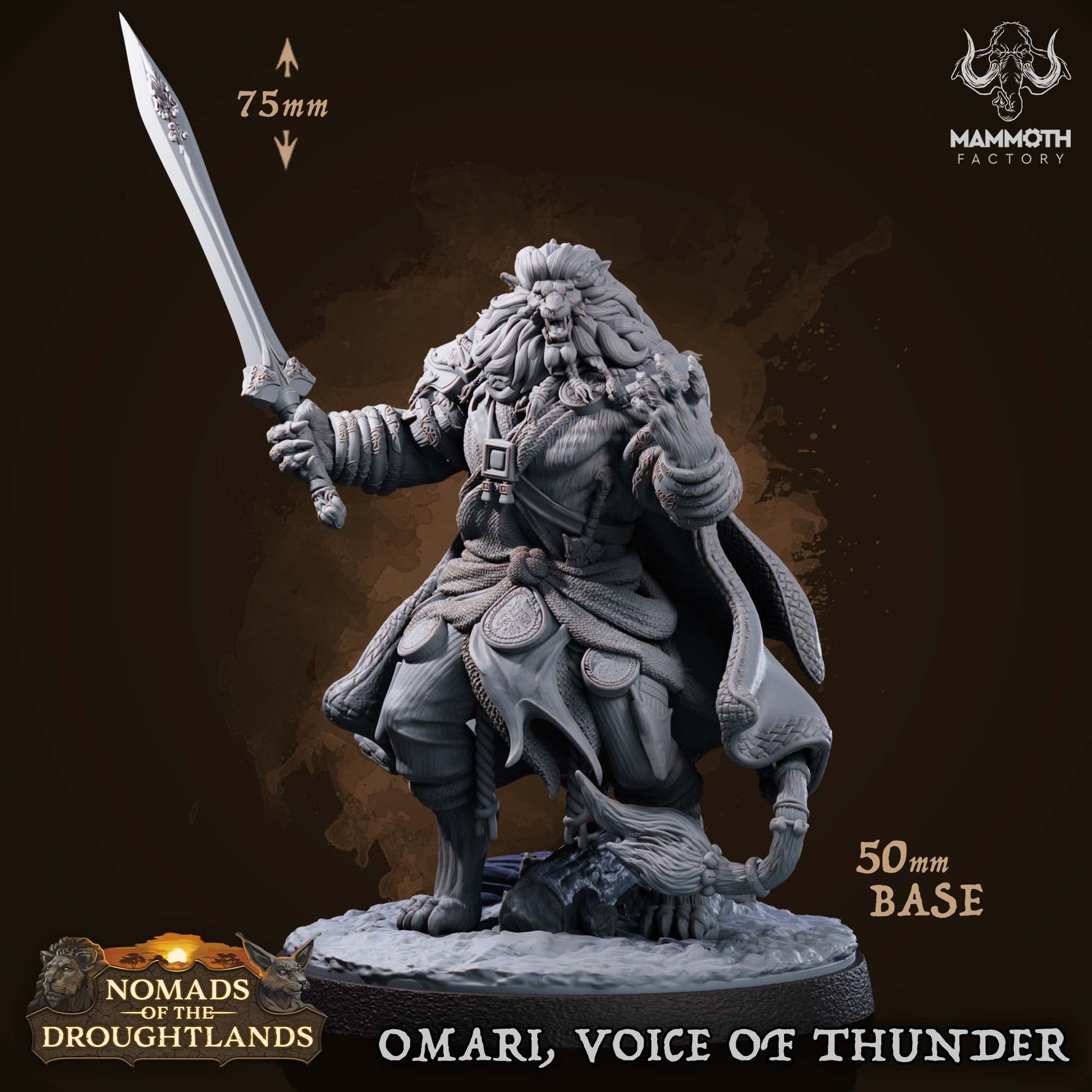 Image shows a 3D render of a leonin noble gaming miniature.