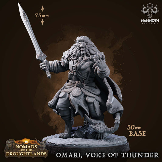 Image shows a 3D render of a leonin noble gaming miniature.