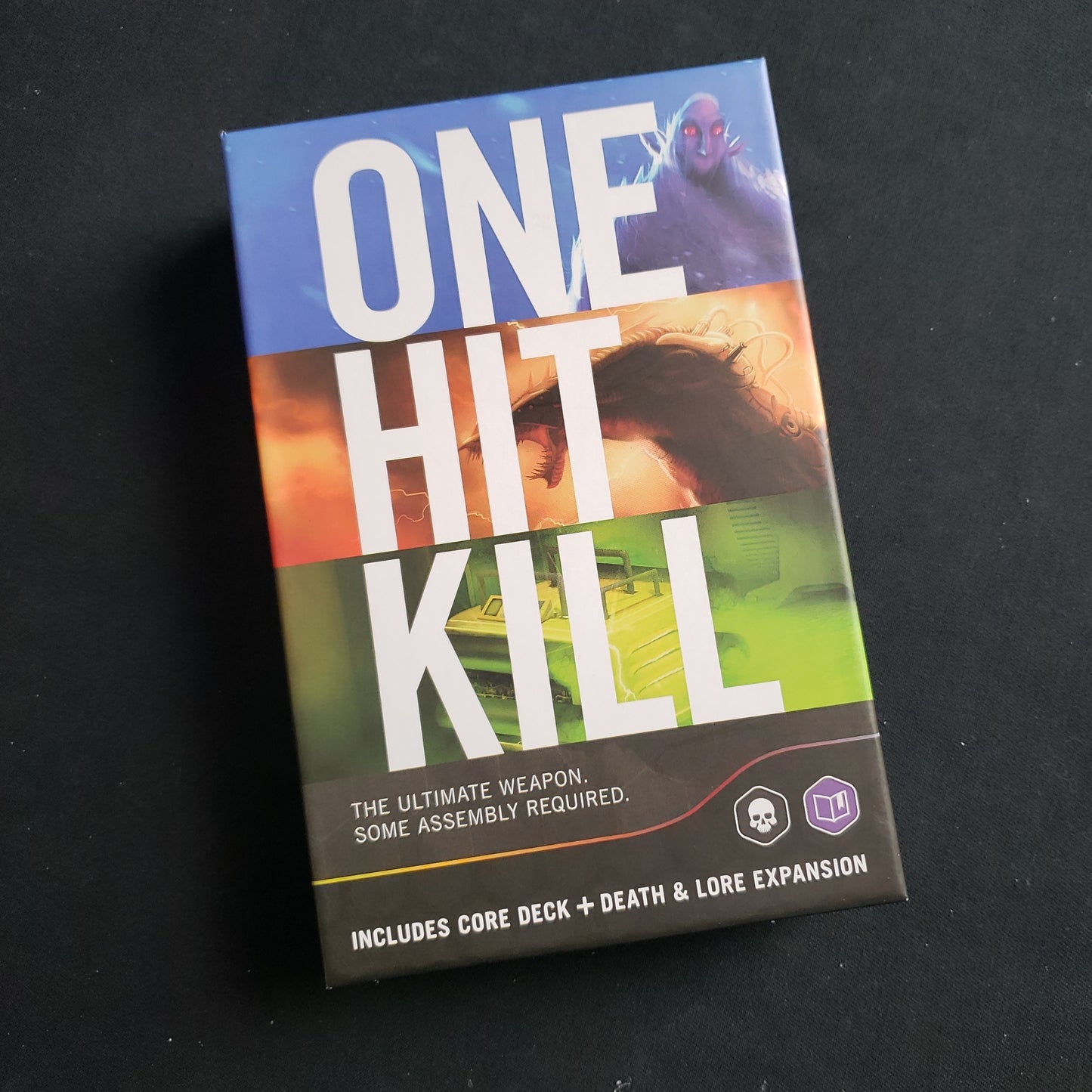 Image shows the front cover of the box of the One Hit Kill card game