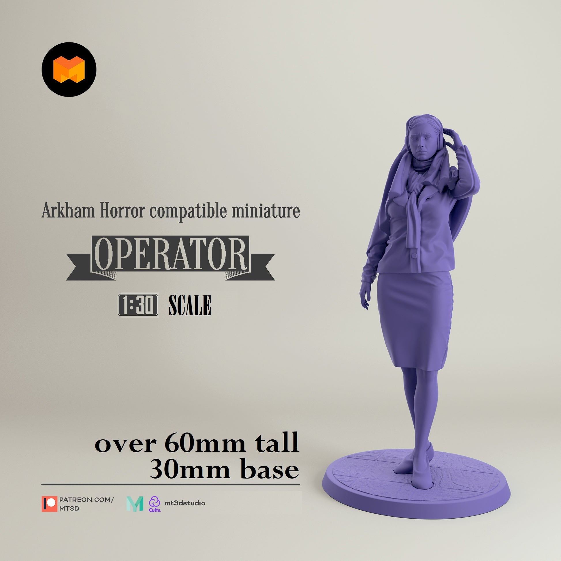 Image shows a 3D render of a 1920s era phone operator gaming miniature.